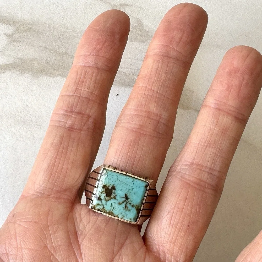 Navajo Turquoise Mens Ring Sz 13 Rectangle Signed Jack‎ Sterling 14mm Cracked